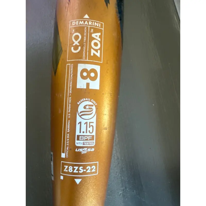 Used 2022 DeMarini USSSA Certified Composite 22 oz 30" Zoa Bat