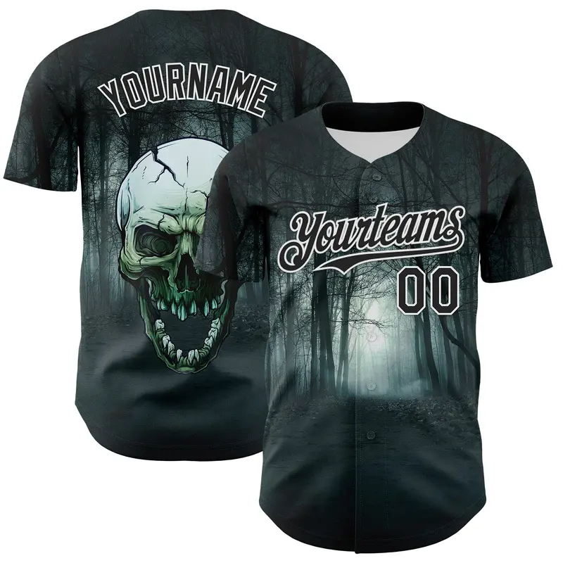 Custom Black White 3D Spooky Skull Authentic Baseball Jersey