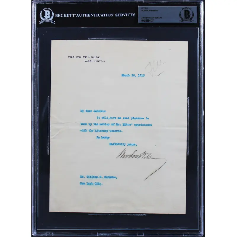 Woodrow Wilson Signed 7x8.75 1913 Letter On White House Letterhead BAS Slab 7