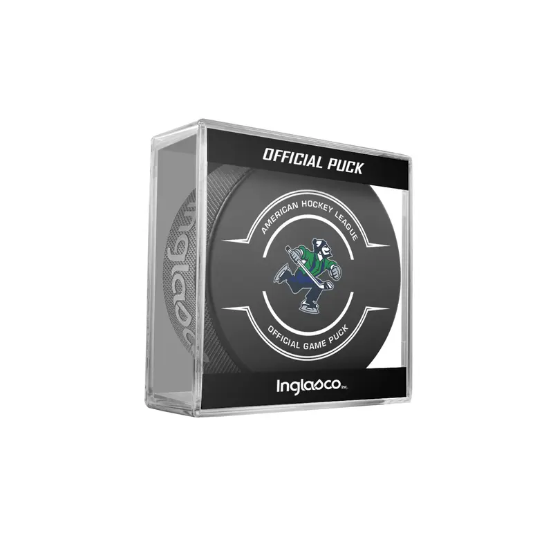 AHL Abbotsford Canucks 2024-25 Official Game Hockey Puck In Cube