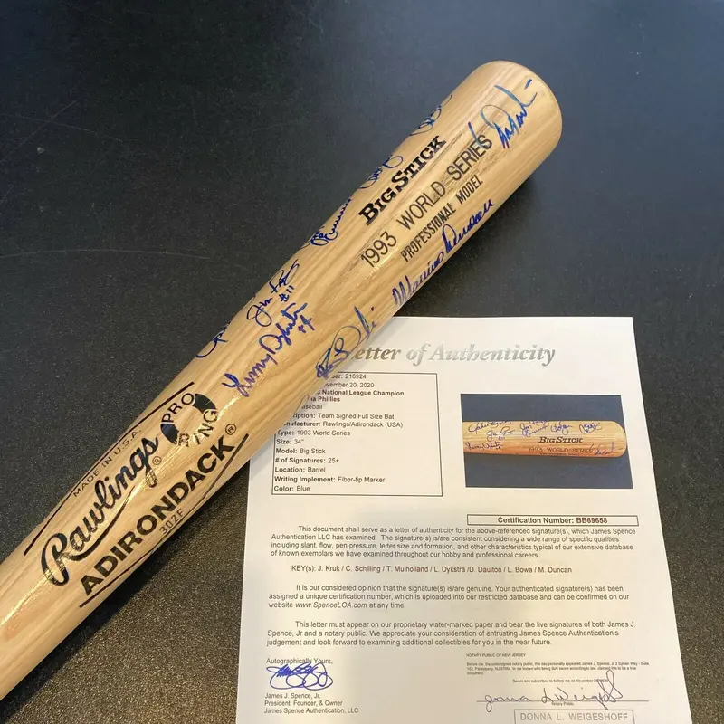 1993 Philadelphia Phillies NL Champs Team Signed Bat Curt Schilling JSA COA