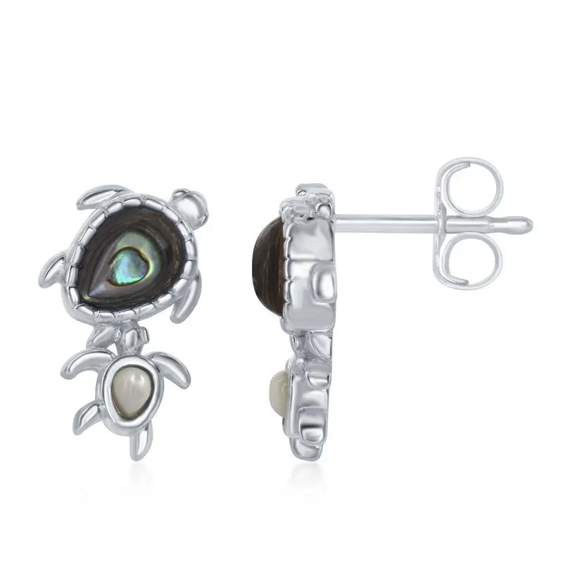 Sterling Silver, Abalone Turtle with MOP Baby Turtle Stud Earrings