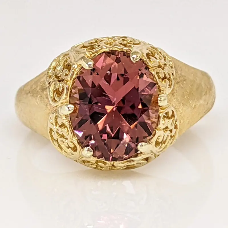 18K PINK TOURMALINE OVAL 8X10 FILAGREE TOP ESTATE RING 4.6 GRAMS