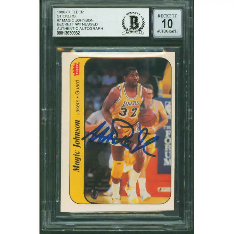 Lakers Magic Johnson Signed 1986 Fleer Stickers #7 Card Auto 10! BAS Slabbed