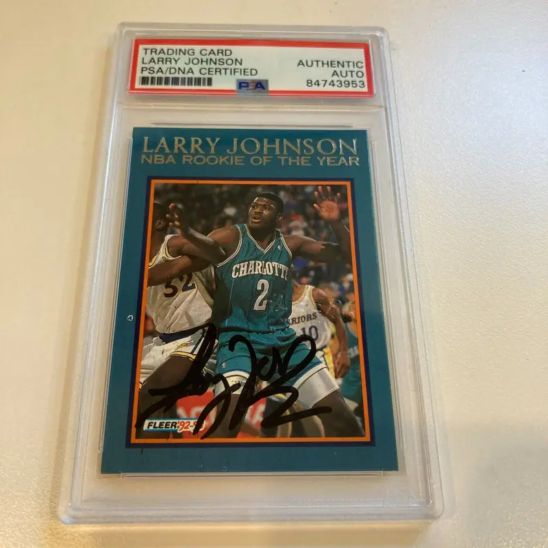 Rare 1992-93 Fleer Larry Johnson RC Signed Promo Card With Fleer Stamp PSA DNA