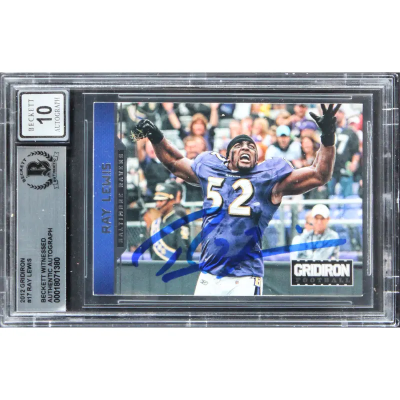 Ravens Ray Lewis Signed 2012 Gridiron #17 Card Auto Graded Mint 10! BAS Slabbed