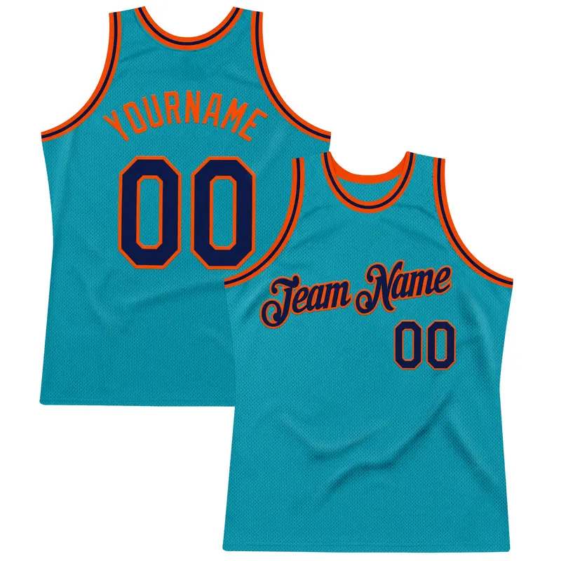 Custom Teal Navy-Orange Authentic Throwback Basketball Jersey