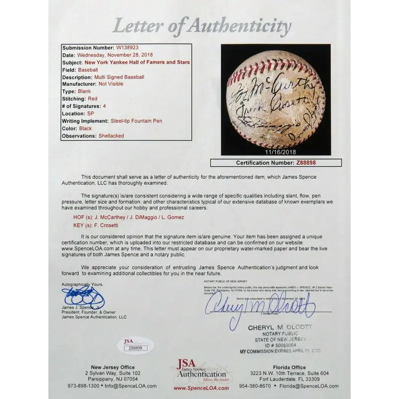 1936 Joe Dimaggio Rookie Signed Game Used Baseball With Joe Mccarthy JSA COA