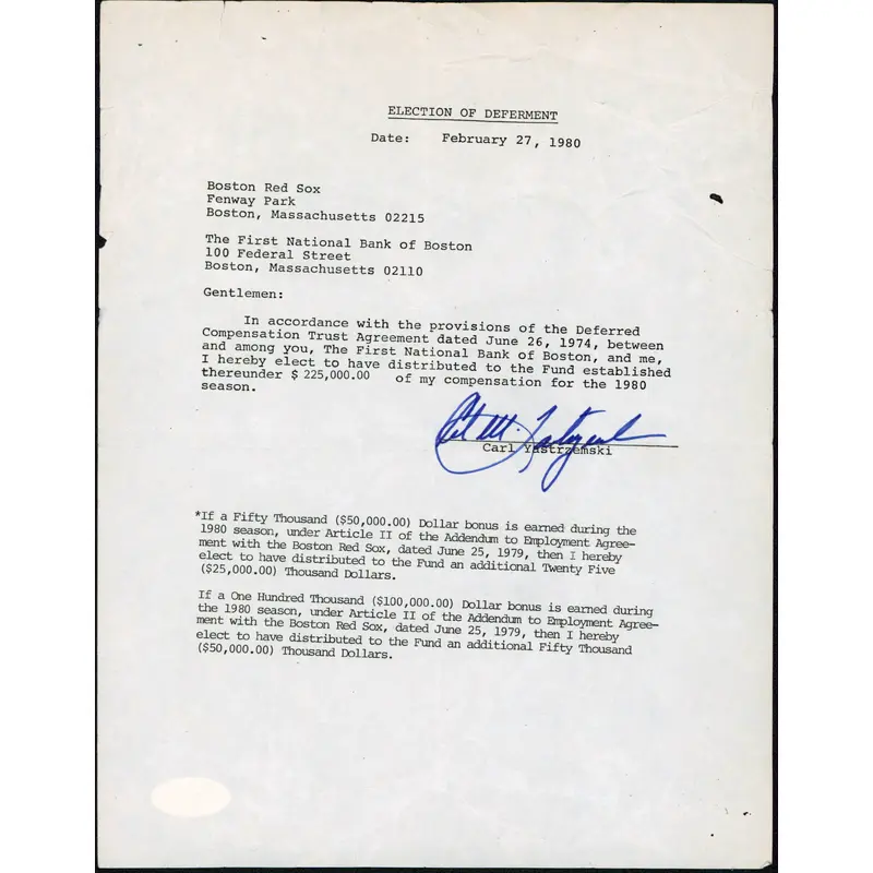 Red Sox Carl Yastrzemski Signed Letter Dated February 27, 1980 PSA/DNA #AI50350
