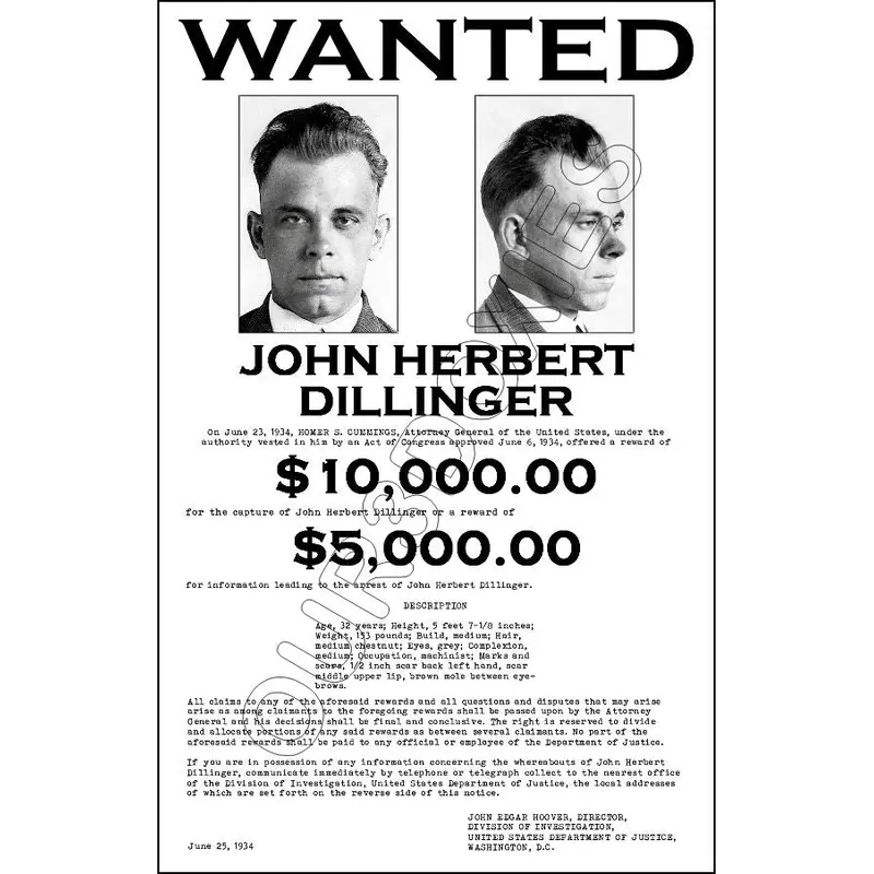 1934 John Dillinger Wanted Poster 11X17 - 2828