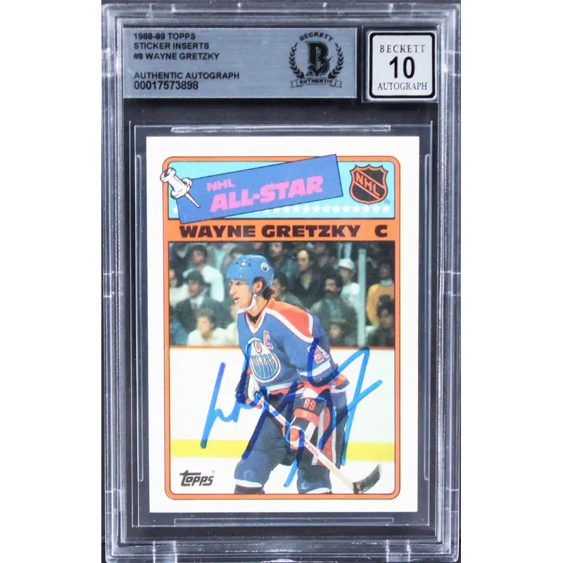 Oilers Wayne Gretzky Signed 1988 Topps Sticker Inserts #8 Card Auto 10! BAS Slab