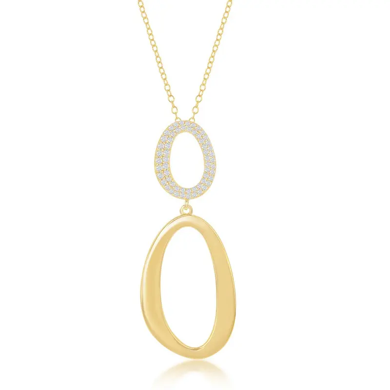 Sterling Silver Micro Pave and High Polish Double Oval Necklace - Gold Plated