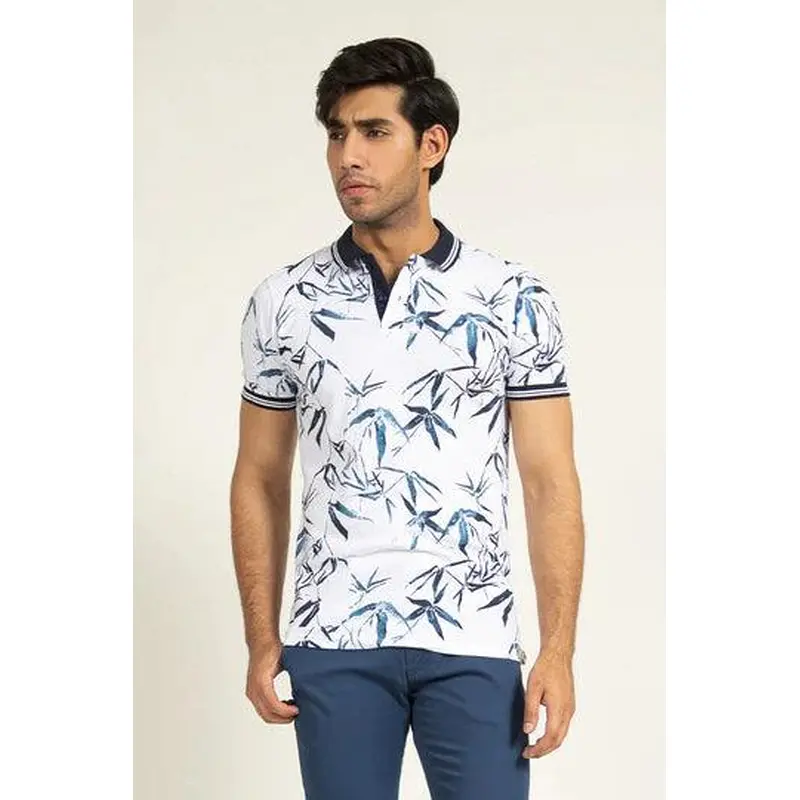 White Contrast Collar Printed Polo