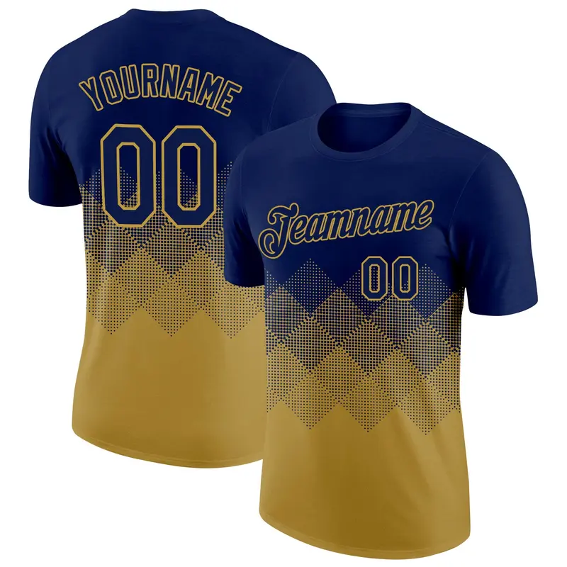 Custom Navy Old Gold 3D Pattern Design Gradient Square Shapes Performance T-Shirt