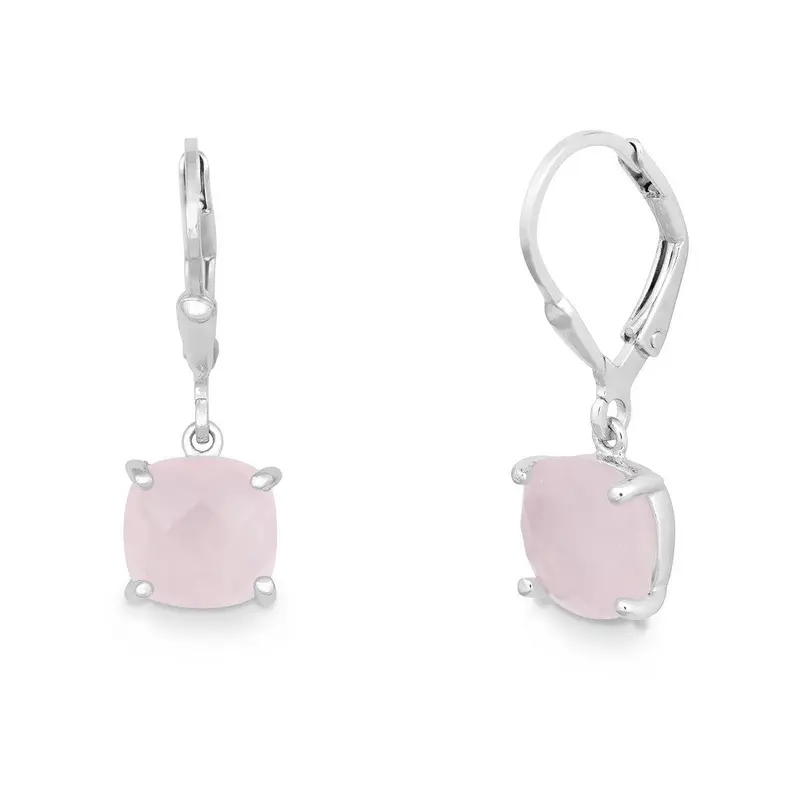 Sterling Silver 8mm Square Rose Quartz Prong Set Drop Down Earrings