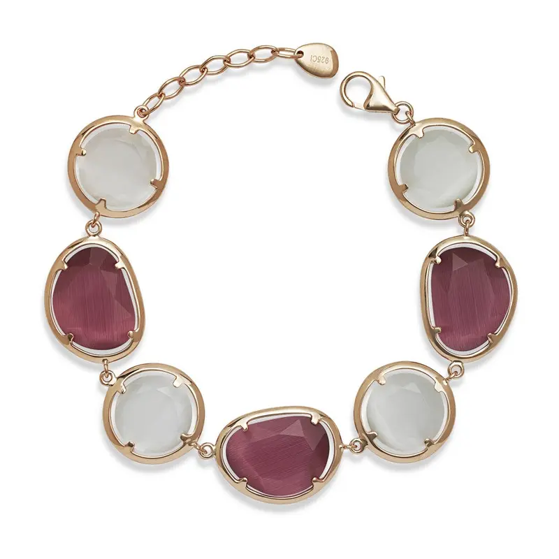 Sterling Silver Rose and White Cat?s Eye Bracelet - Rose Gold Plated