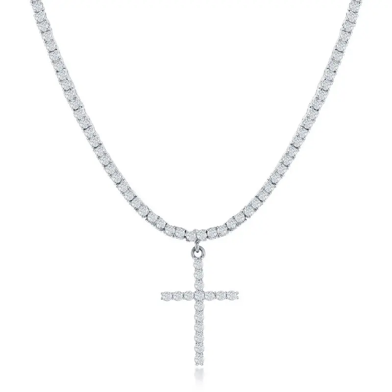Sterling Silver CZ Cross Tennis Necklace