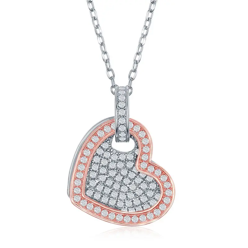 Sterling Silver Micro Pave Heart with RG CZ Border Necklace