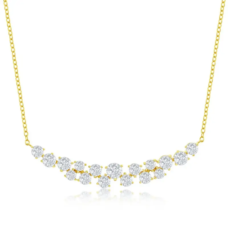 Sterling Silver Round CZ Curved Bar Necklace - Gold Plated