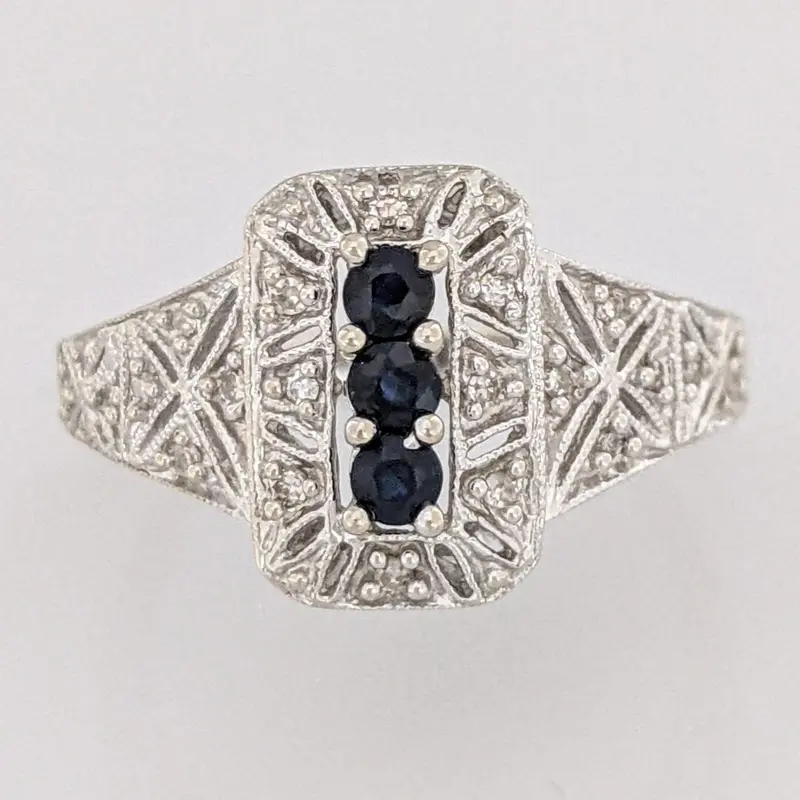 14K WHITE SAPPHIRE ROUND (3) 2.75MM WITH .20 DIAMOND TOTAL WEIGHT ESTATE RING 3.6 GRAMS