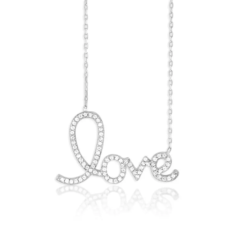Sterling Silver Large LOVE Script CZ Necklace