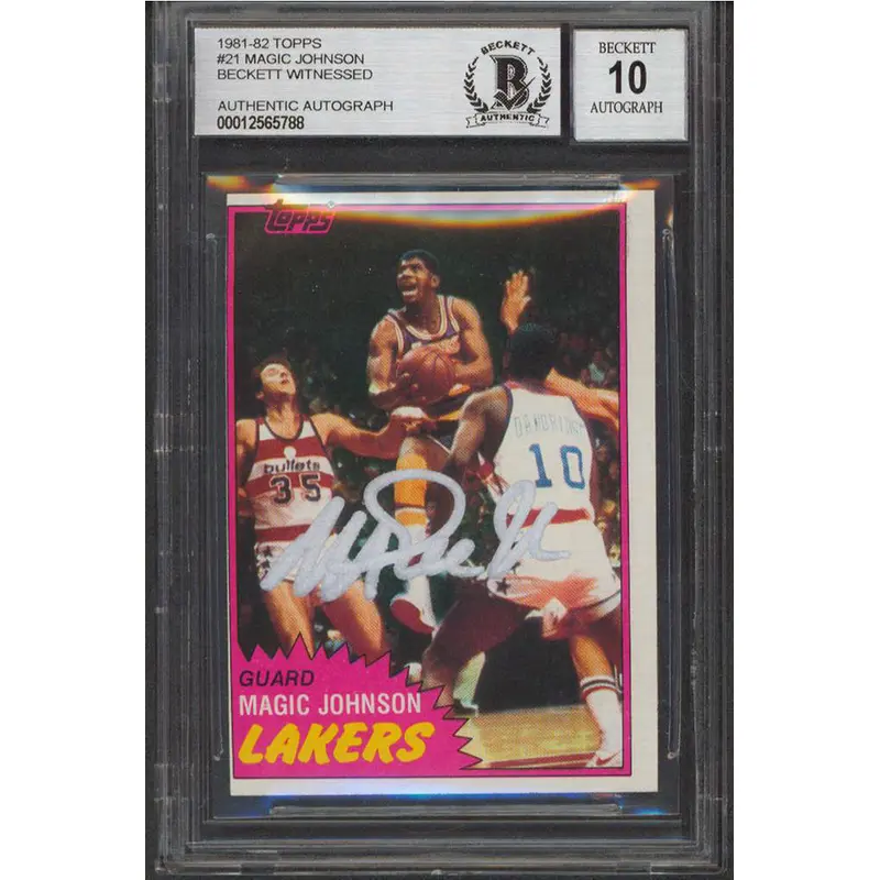 Lakers Magic Johnson Signed 1981 Topps #21 Card Auto Grade 10 BAS Slab #12565788