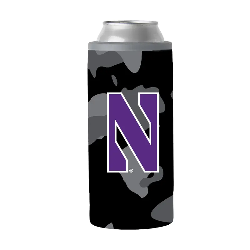 Northwestern 12oz Black Camo Slim Can Coolie