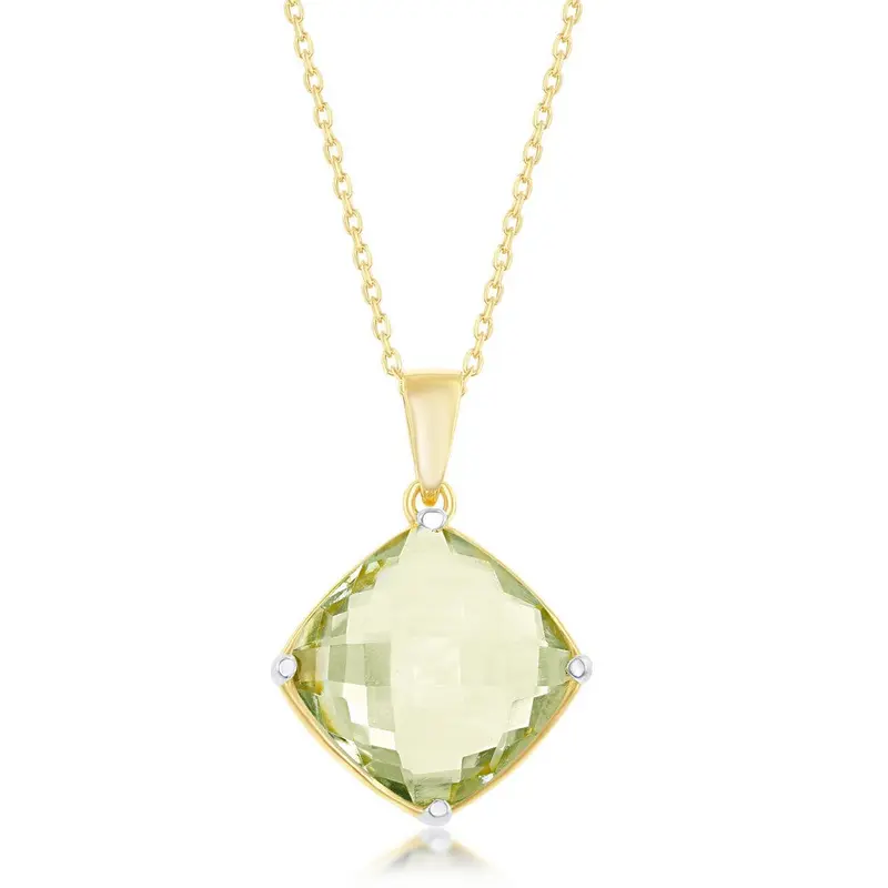 Sterling Silver Gold Plated Four-Prong Checkered 7.22cttw Green Amethyst Necklace