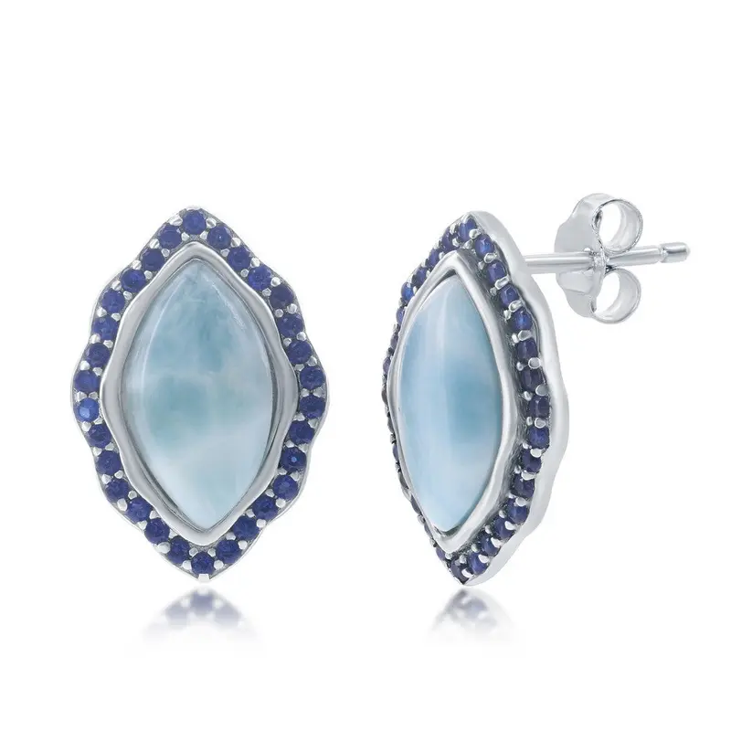 Sterling Silver, Marquise Larimar with Sapphire CZ Border Stud Earrings