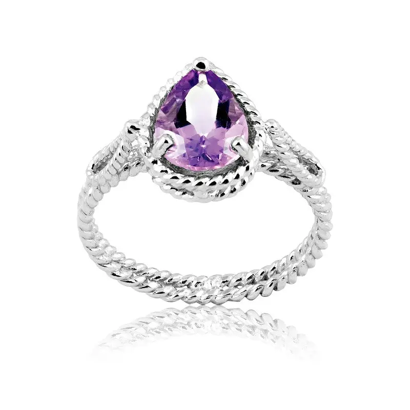 Sterling Silver Pear Shaped Gem, Wire Ring - Amethyst