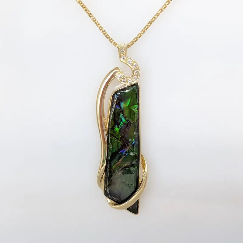 14K AMMOLITE FREE FORM 10X42 WITH (9) MELEE ESTATE PENDANT & CHAIN 9.9 GRAMS