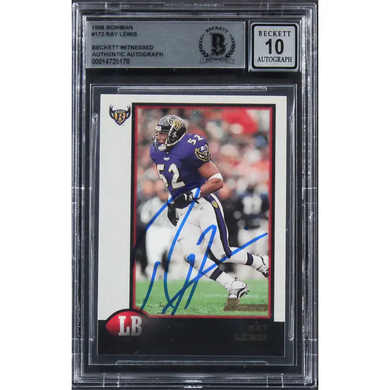 Ravens Ray Lewis Authentic Signed 1998 Bowman #172 Card Auto 10! BAS Slabbed