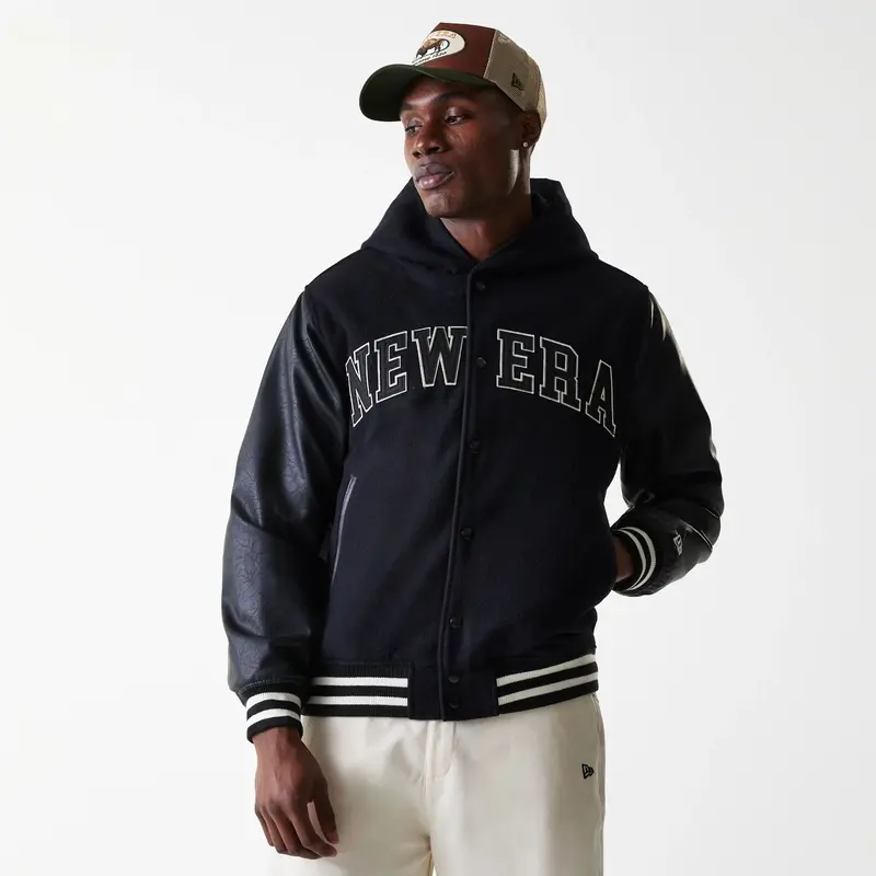 New Era Black Hooded Varsity Jacket