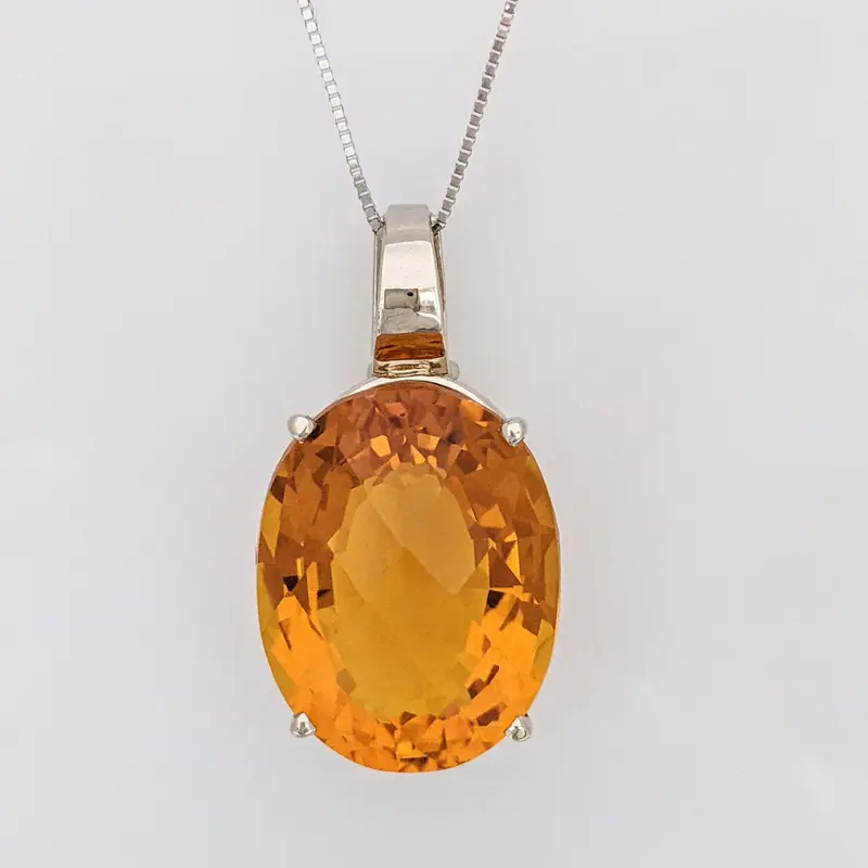 14K WHITE CITRINE OVAL 20X25 "AAA" CHECKERBOARD ESTATE PENDANT 7 CHAIN 14.9 GRAMS