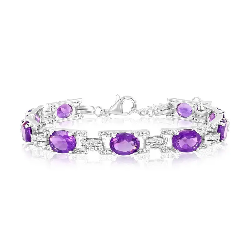 Sterling Silver, Oval & White Topaz Link Bracelet - Amethyst (11.87cttw)