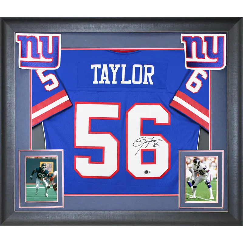 Giants Lawrence Taylor Signed 1986 Blue Mitchell & Ness Framed Jersey BAS Wit