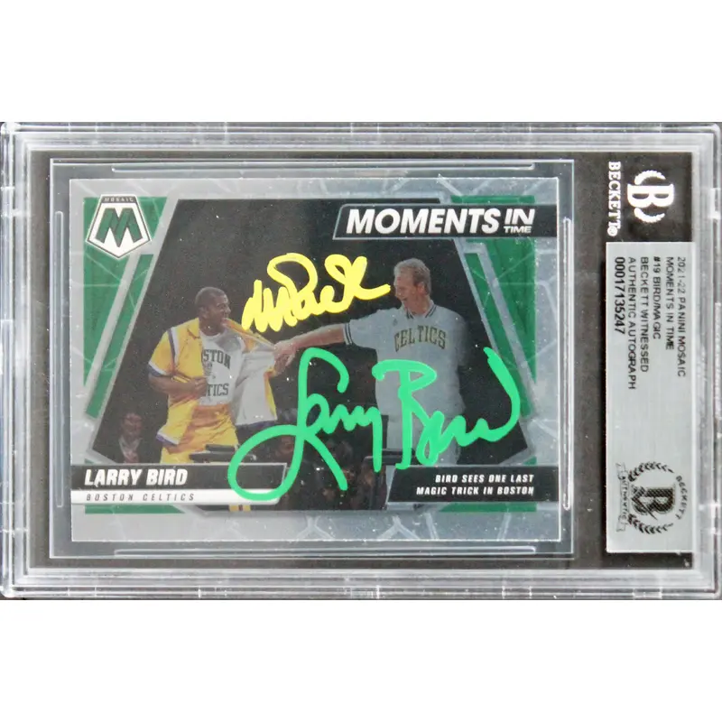Magic Johnson & Larry Bird Signed 2021 Panini Mosaic MIT #19 Card BAS Slabbed