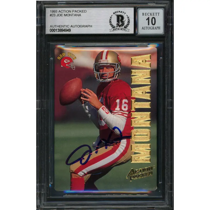 Chiefs Joe Montana Signed 1993 Action Packed #23 Card Auto 10! BAS Slabbed