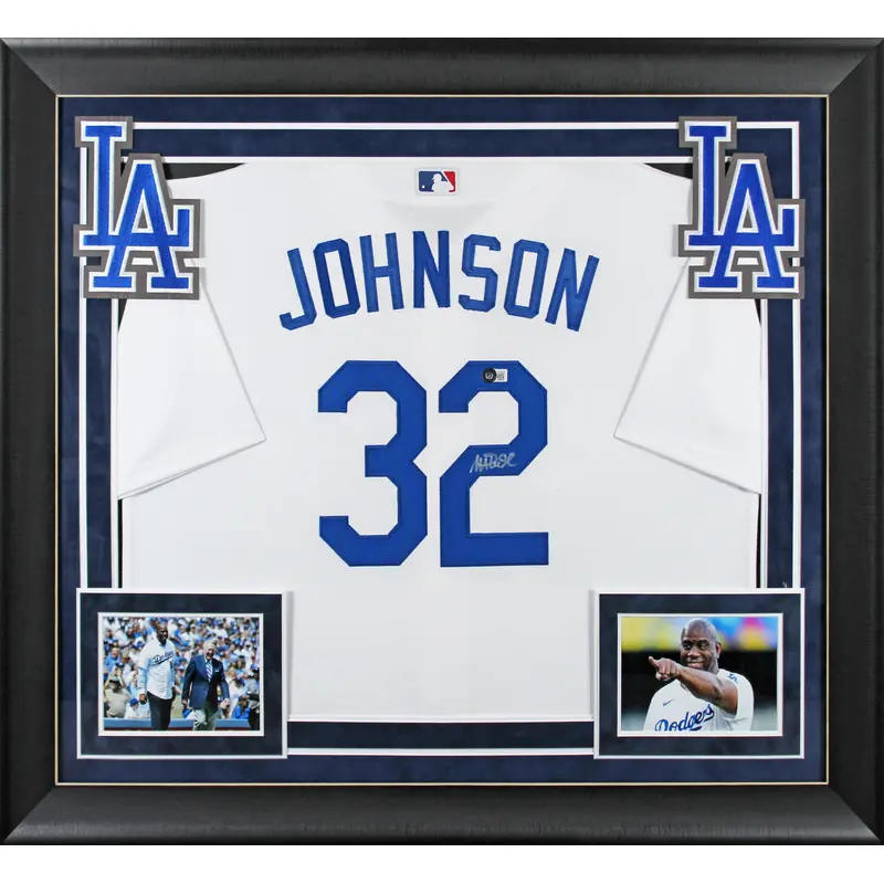 Dodgers Magic Johnson Signed White Majestic Coolbase Framed Jersey BAS Witnessed
