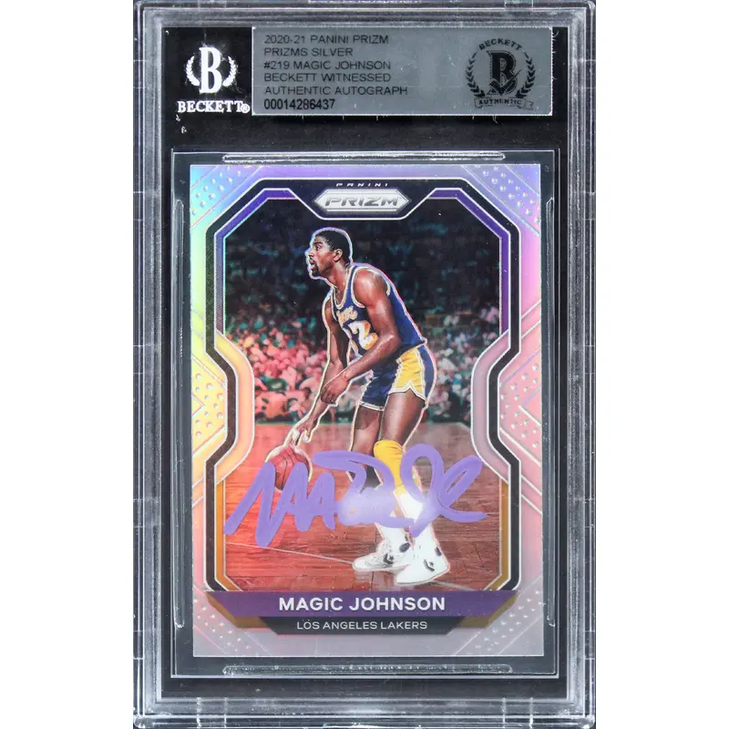 Lakers Magic Johnson Signed 2020 Panini Prizms Silver #219 Card BAS Slabbed
