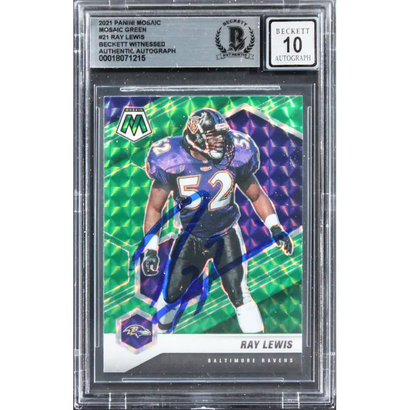 Ravens Ray Lewis Signed 2021 Panini Mosaic Green #21 Card Auto 10! BAS Slabbed