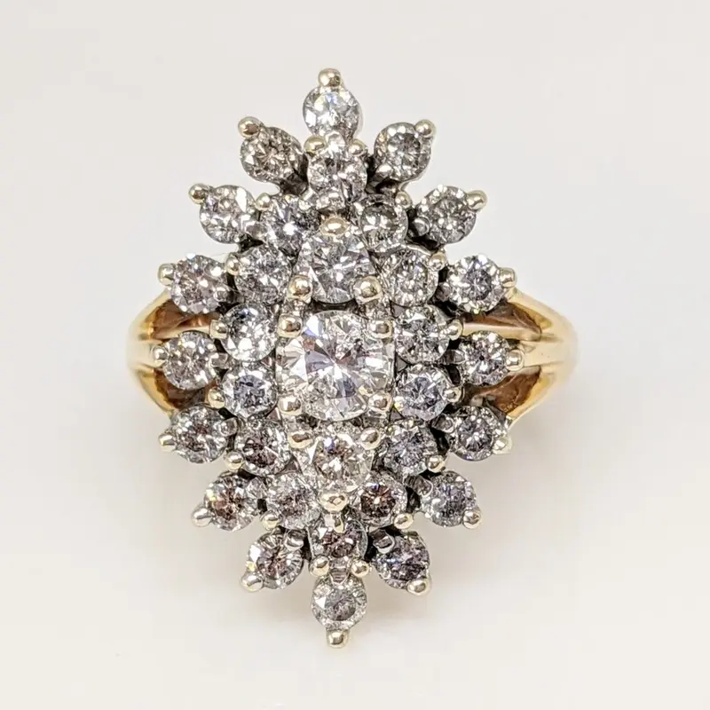 14K 1.66 CARAT TOTAL WEIGHT I1 F DIAMOND ROUND (33) ESTATE CLUSTER RING 7.1 GRAMS