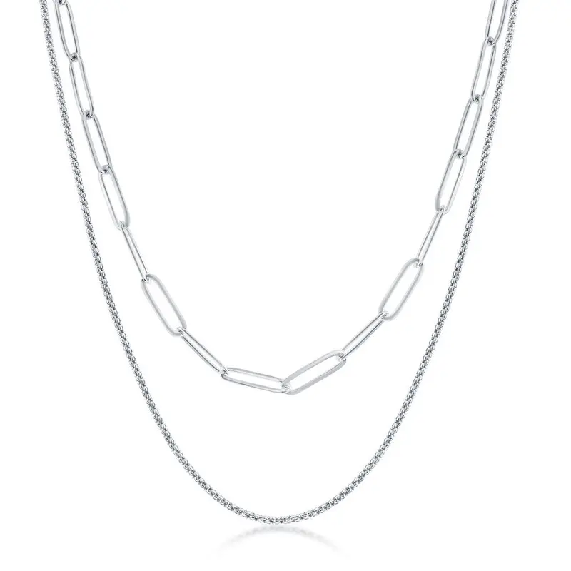 Sterling Silver Layered Paperclip and Popcorn Chain Necklace