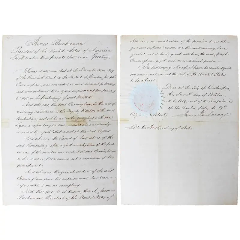 James Buchanan Authentic Signed 10.75x15.75 1859 Pardon Document BAS #AC33278