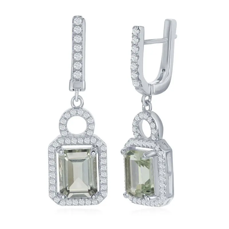 Sterling Silver Center 4.6ctw Green Amethyst with 0.9ctw White Topaz Border Earrings
