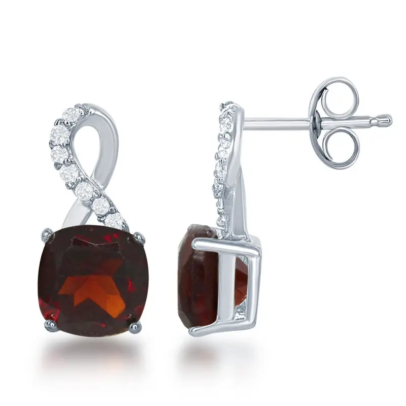 Sterling Silver, White Topaz Earrings, with 6mm Square Gem - Garnet