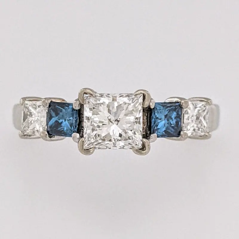 14K WHITE 1.02 CARAT TOTAL I1 H DIAMOND PRINCESS CUT WITH (2) BLUE (2) WHITE ESTATE RING