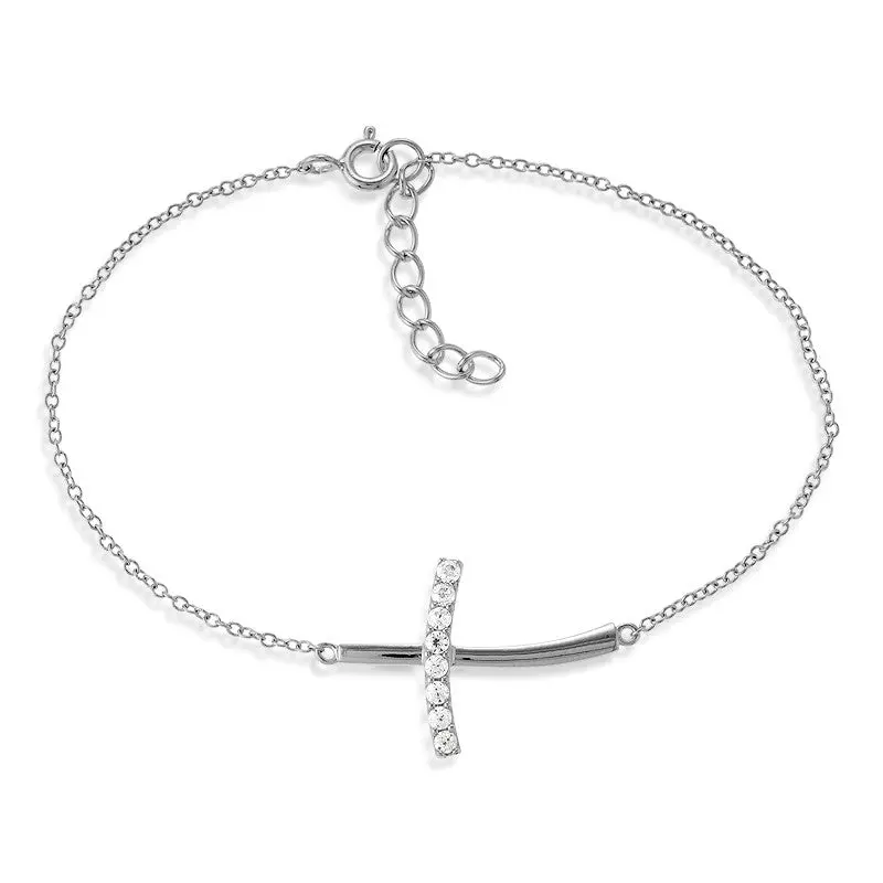 Sterling Silver Half CZ Curved Sideways Cross Bracelet