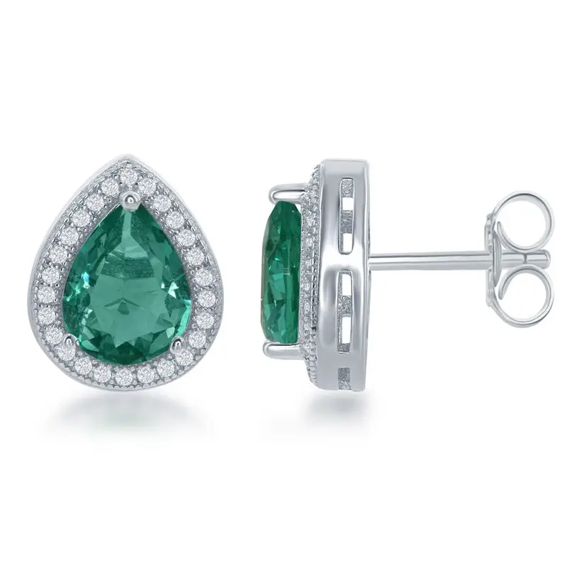 Sterling Silver CZ Teardrop Earrings - Simulated Emerald