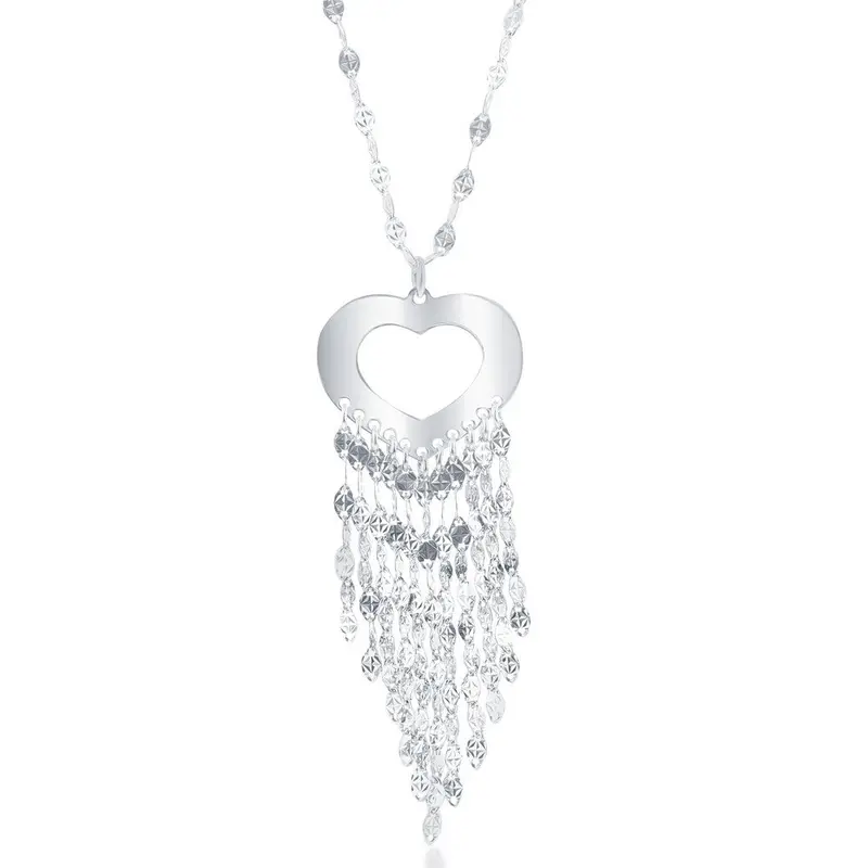 Sterling Silver Tasseled Open Heart Diamond Cut Necklace